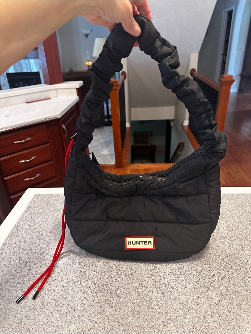 Clearance ! - Hunter Black Quilted Shoulder Bag with Red Accent Cords